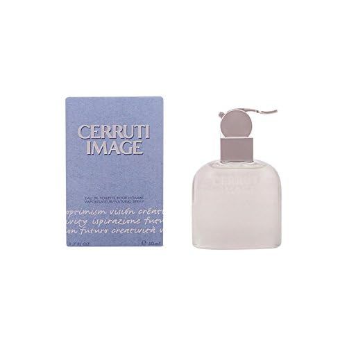 Cerruti Image Pour Homme Eau de Toilette. Flakon und Schachtel nebeneinander. Hellblauer Karton, Glasflakon mit silbernem Verschluss.