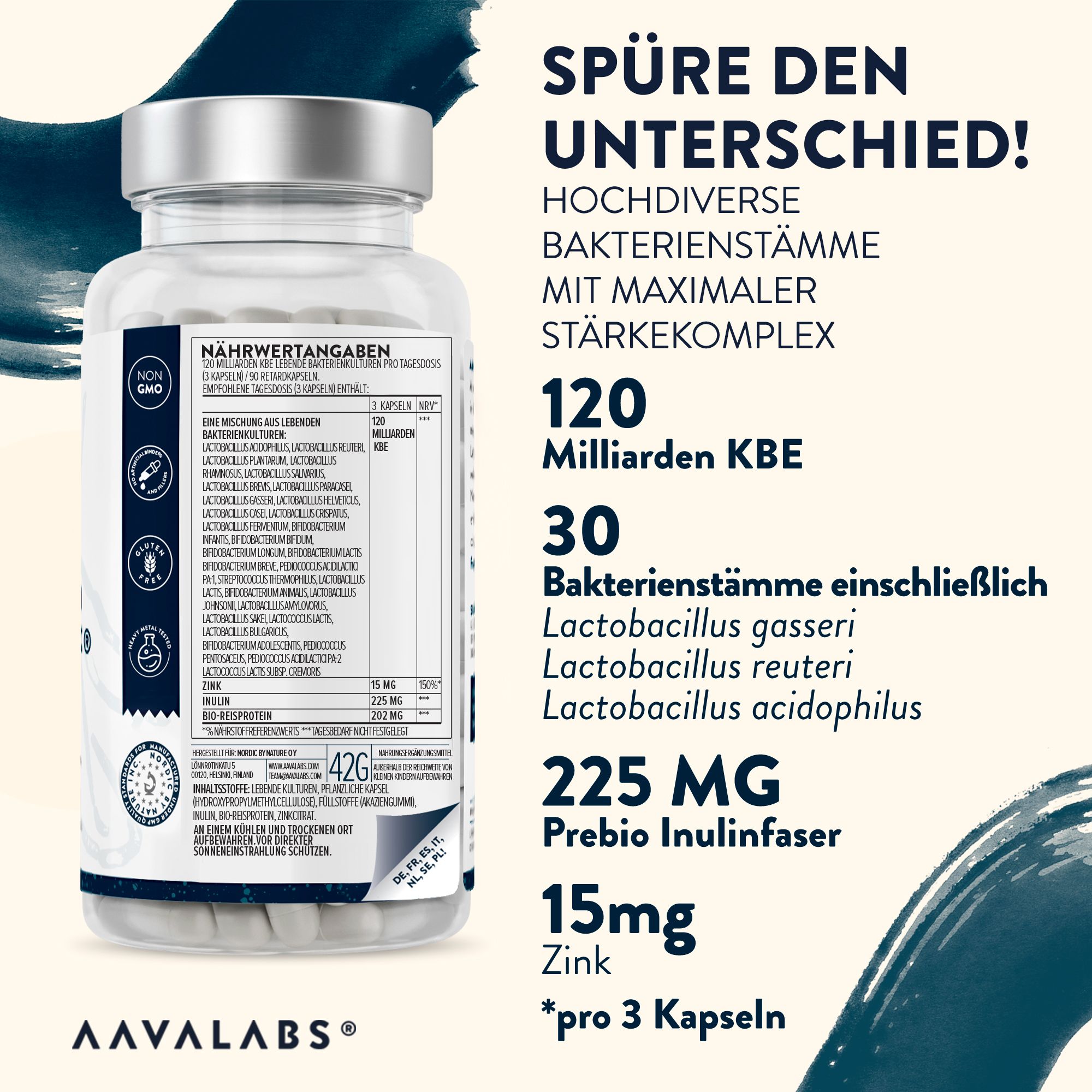 Rückseite der Aavalabs Premium Probiolac Kapseln. Enthält Informationen zu Inhaltsstoffen und Nährwerten.