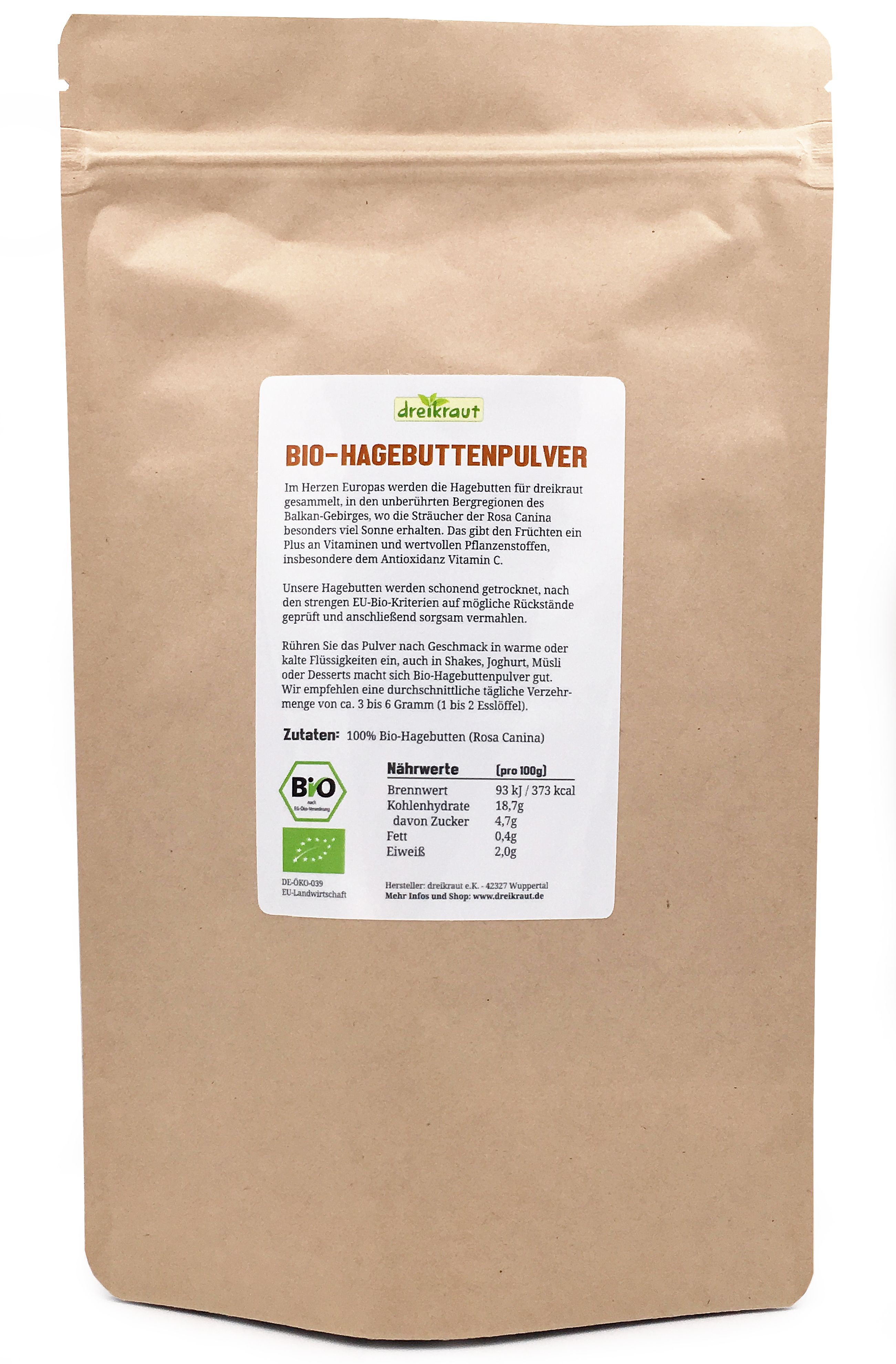 Dreikraut Bio-Hagebuttenpulver in brauner Verpackung. Etikett mit Produktinformationen und Bio-Siegel. Text und Nährwertangaben.
