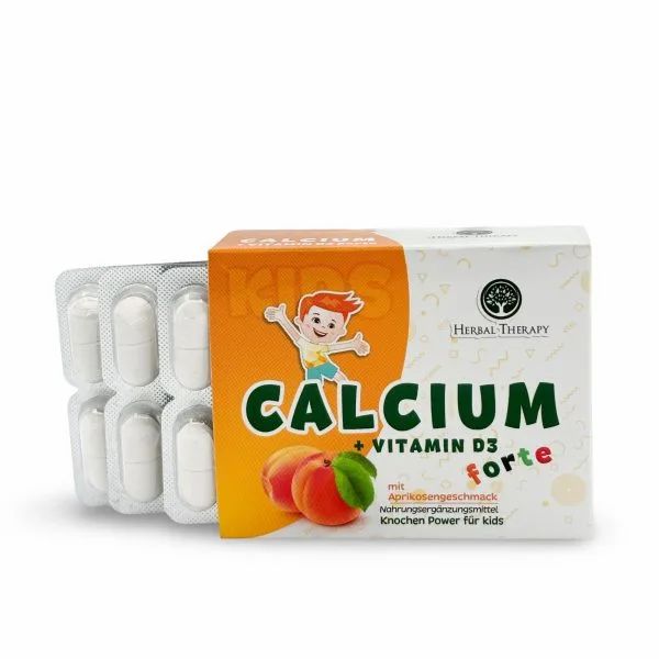Verpackung mit Tabletten und Blisterpackung. Aufschrift CALCIUM + VITAMIN D3 forte, Aprikosengeschmack. Marke Herbal Therapy.