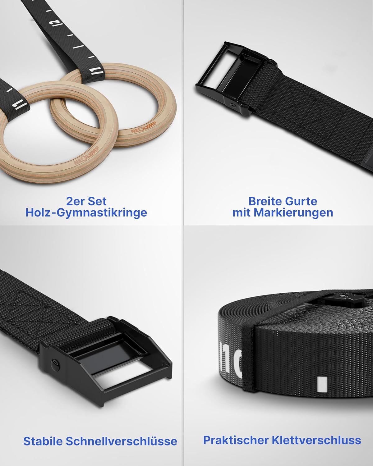 Zwei Holz-Gymnastikringe mit schwarzen Gurten. Schwarze Schnallen. Gurte mit Markierungen. Praktischer Klettverschluss.