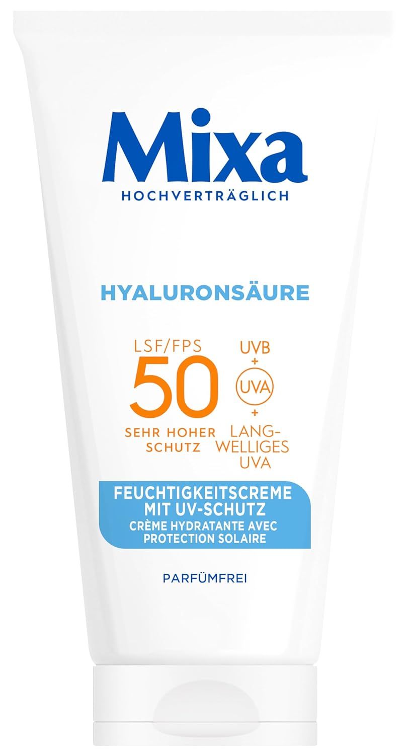 Eine Tube Mixa UV 50 Hydrating Care. Die Tube ist weiß mit blauer und oranger Schrift. Es zeigt Hyaluronsäure und LSF 50.