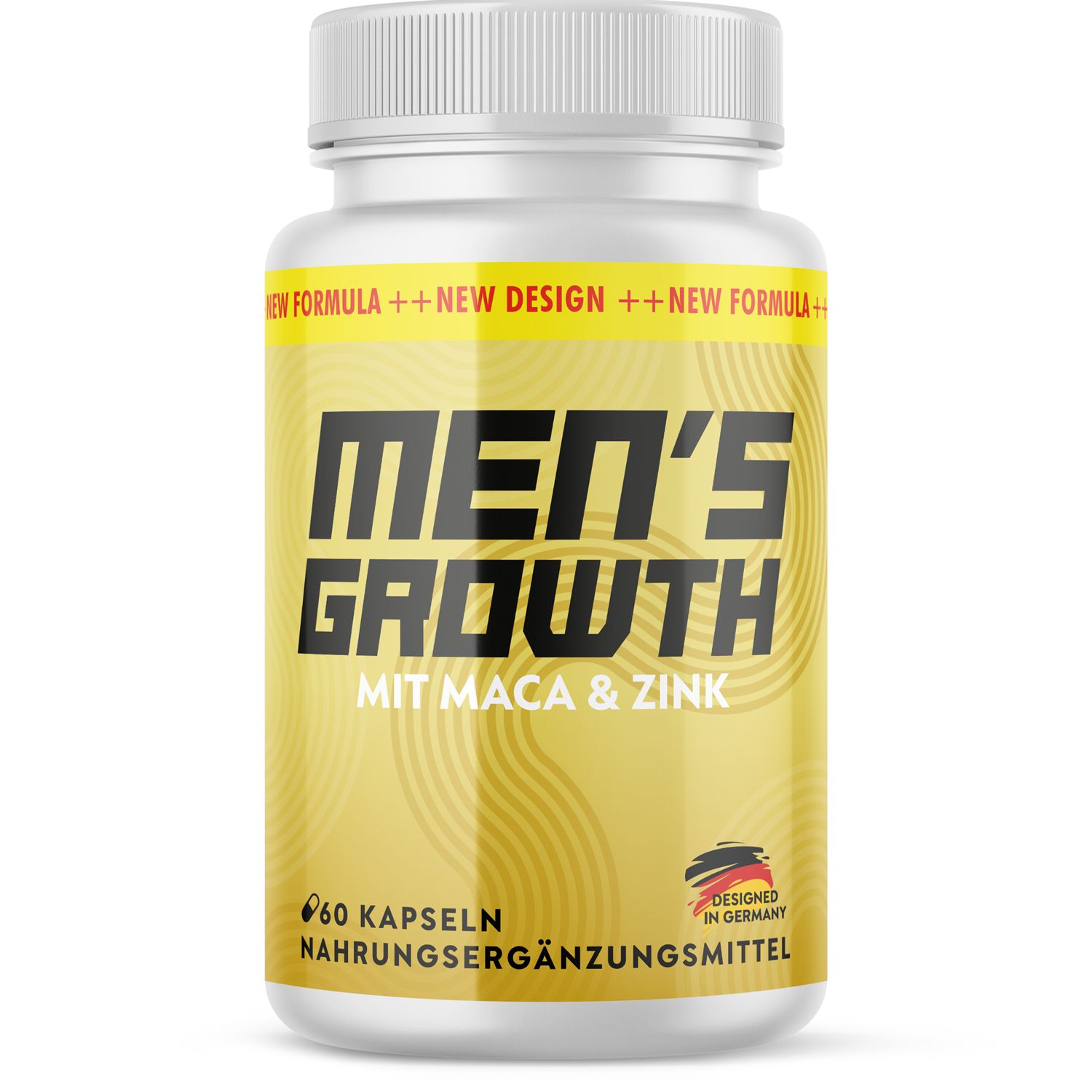 Gelbe Flasche mit weißem Deckel. Aufschrift: MEN'S GROWTH, MIT MACA & ZINK. 60 Kapseln. Hergestellt in Deutschland.
