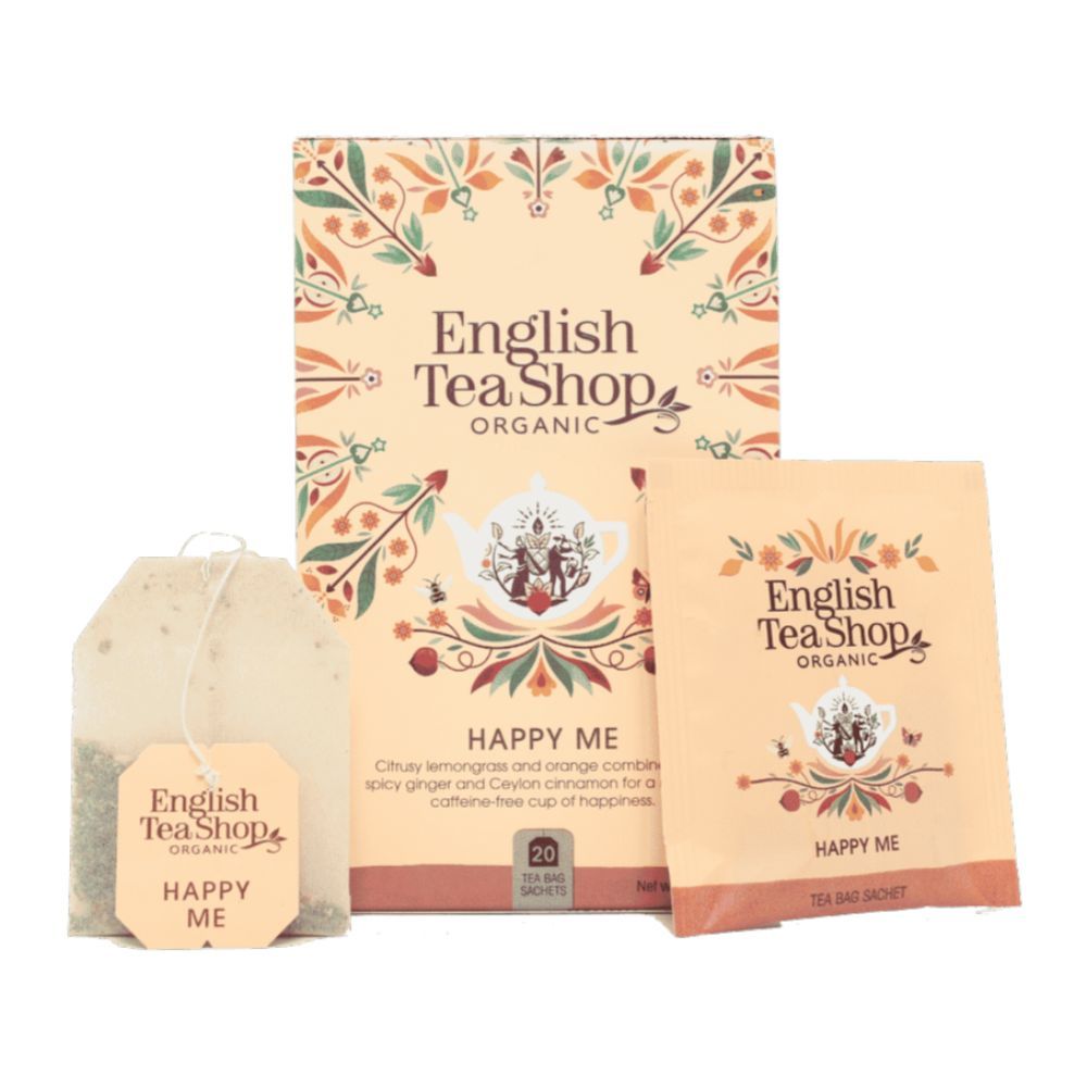 ETS - Happy Me Wellness-Tee bio. Teebeutel und Verpackung. Aufdruck: English Tea Shop Organic, Happy Me, 20 Teebeutel, Bio-Siegel.