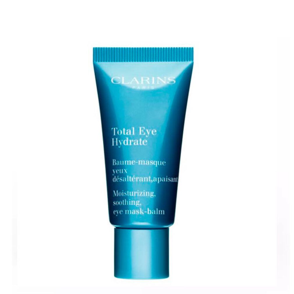 Blaue Tube Clarins Total Eye Hydrate. Text in mehreren Sprachen. Auf weißem Hintergrund.
