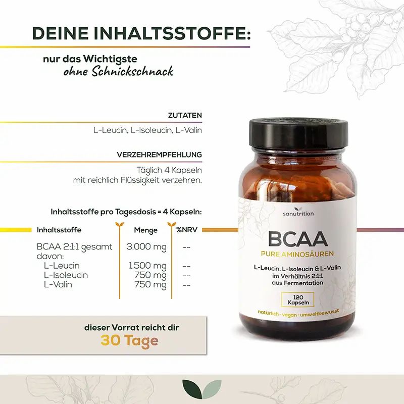 Braune Flasche mit BCAA-Kapseln. Text: BCAA, reine Aminosäuren, L-Leucin, L-Isoleucin, L-Valin. 120 Kapseln. Nährwertangaben und Verzehrempfehlung.
