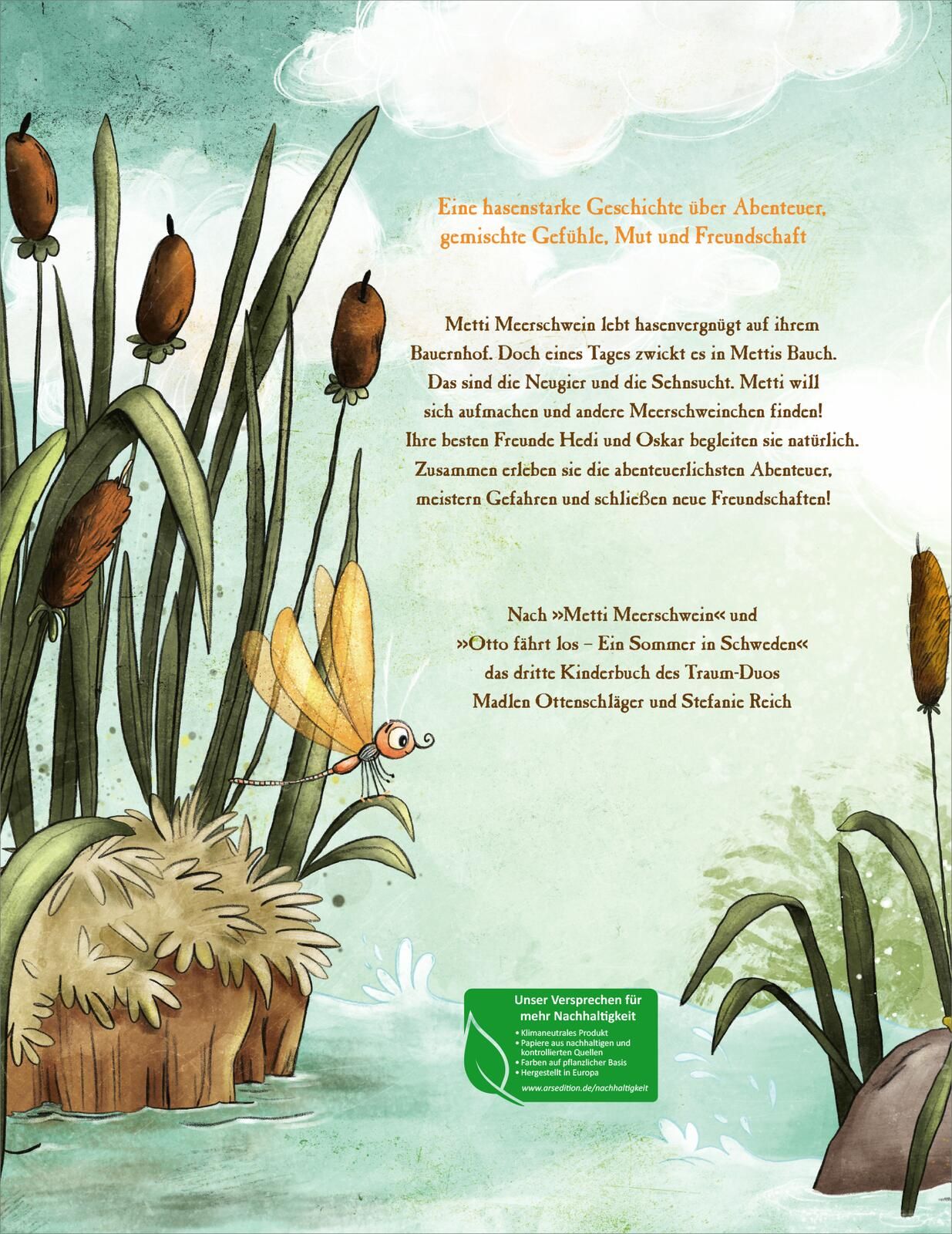 Buchrückseite: Text über Abenteuer, Mut und Freundschaft. Illustration einer Libelle und Schilf. Autoren: Madlen Ottenschläger, Stefanie Reich.