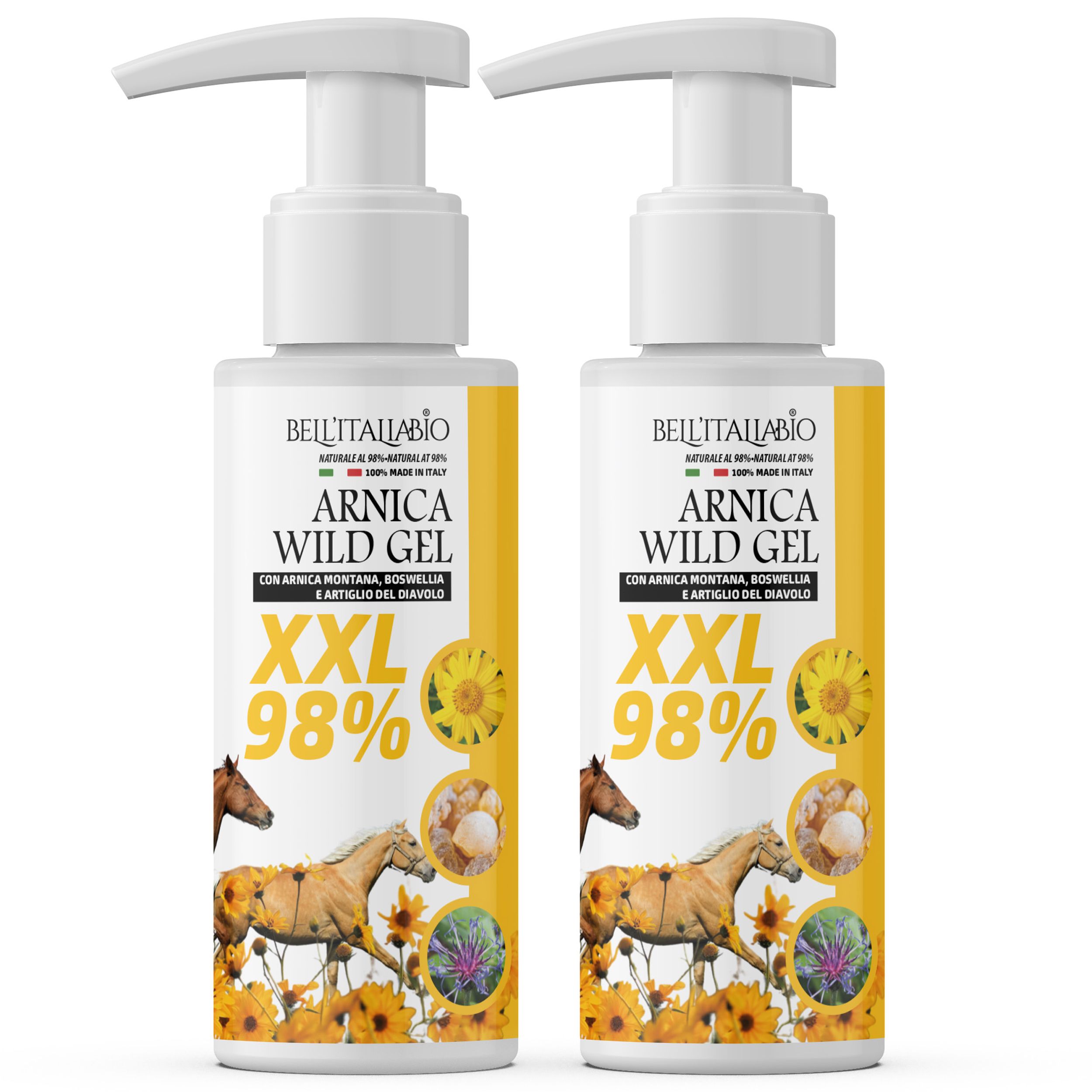 Zwei Flaschen Gel mit Pumpverschluss. Aufschrift: Arnika Wild Gel, XXL, 98%. Abbildung von Pferden und Blumen.