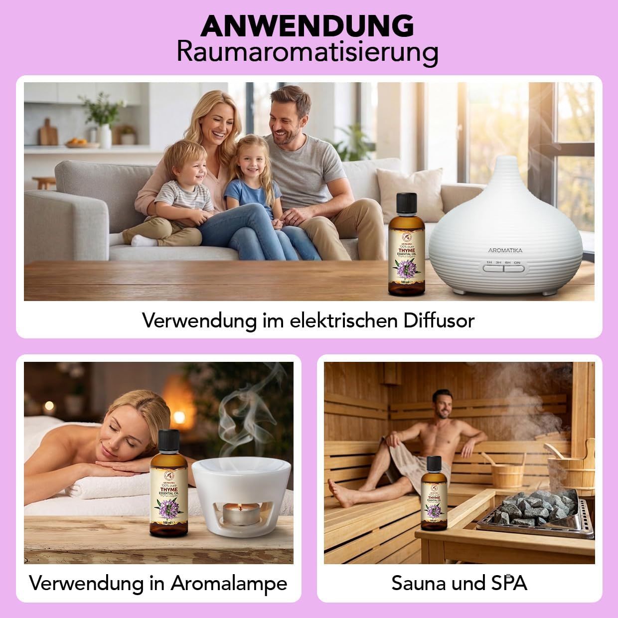 Familie im Wohnzimmer mit Diffuser und ätherischem Öl.