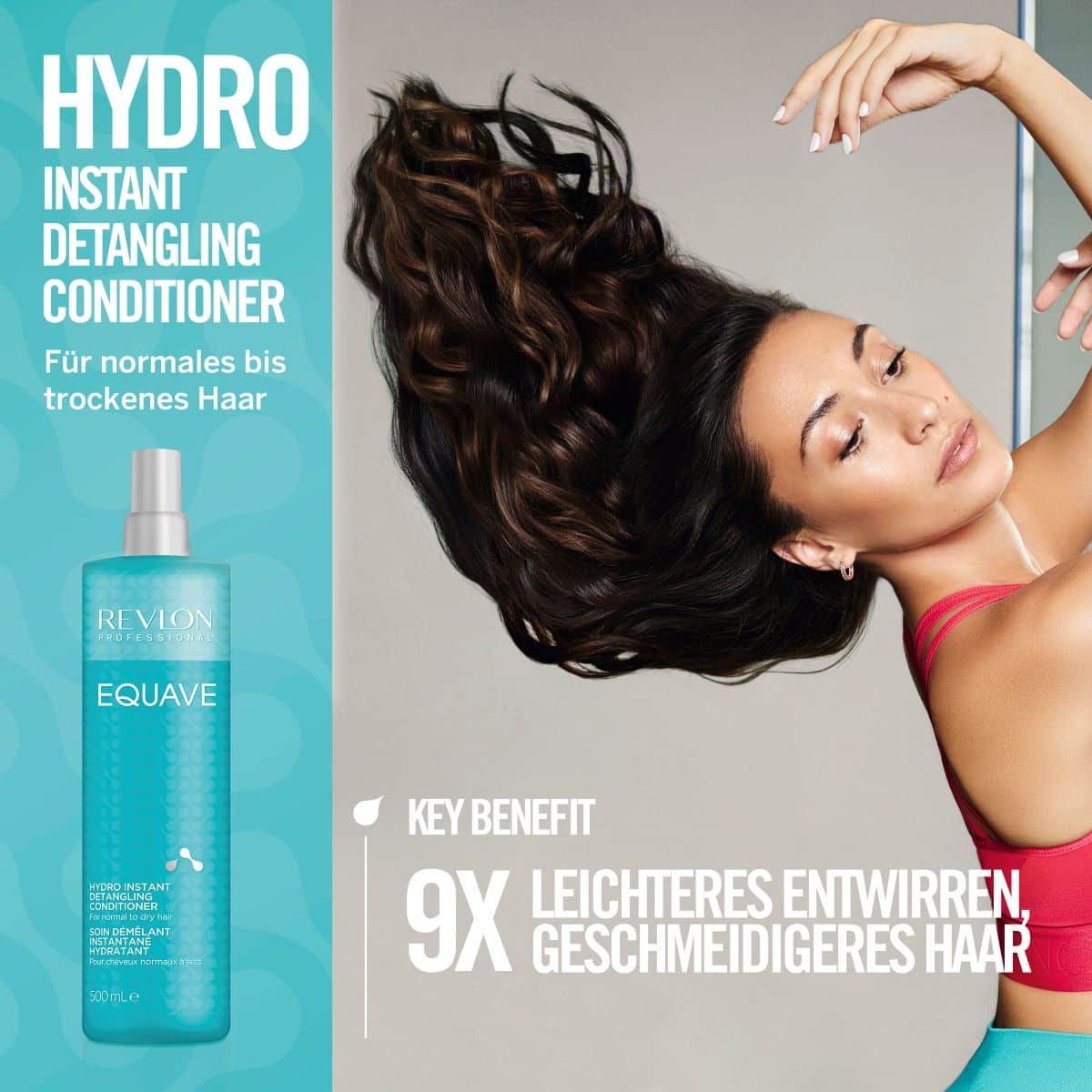 Blaues Revlon Equave Hydro Conditioner Spray. Frau mit Haaren. Text: Hydro Instant Detangling Conditioner.
