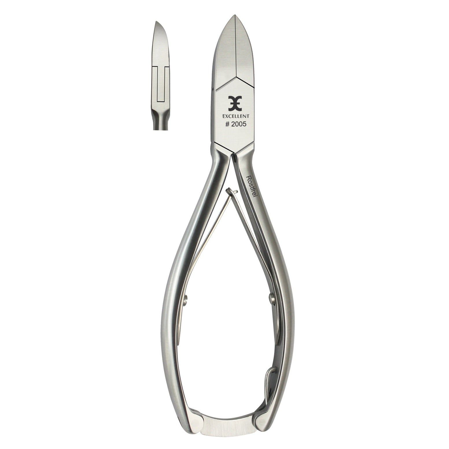 Nagelzange aus Metall. Mit dem Schriftzug "EXCELLENT # 2005". Neben der Zange ist eine einzelne Schneide abgebildet.