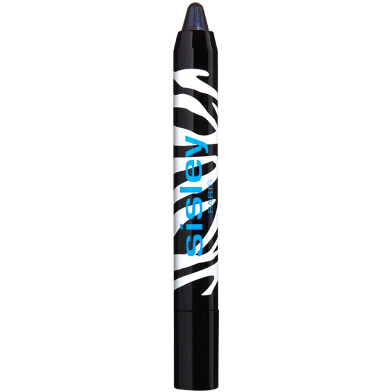 Schwarzer Stift mit weißem Zebra-Muster und blauem Sisley-Schriftzug. Offen mit blauer Spitze.