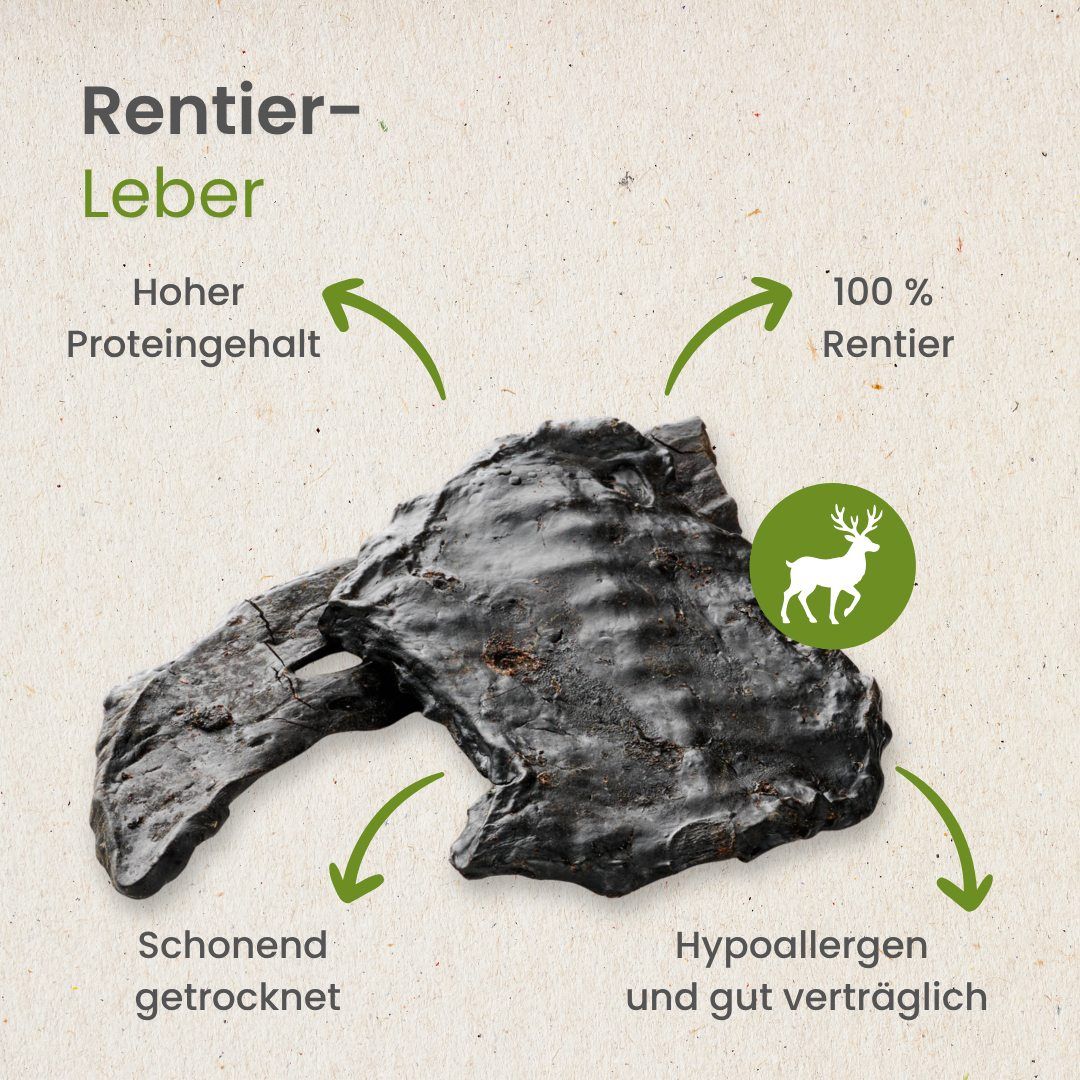 Getrocknete Rentierleberstücke. Hoher Proteingehalt, 100% Rentier. Schonend getrocknet, hypoallergen.