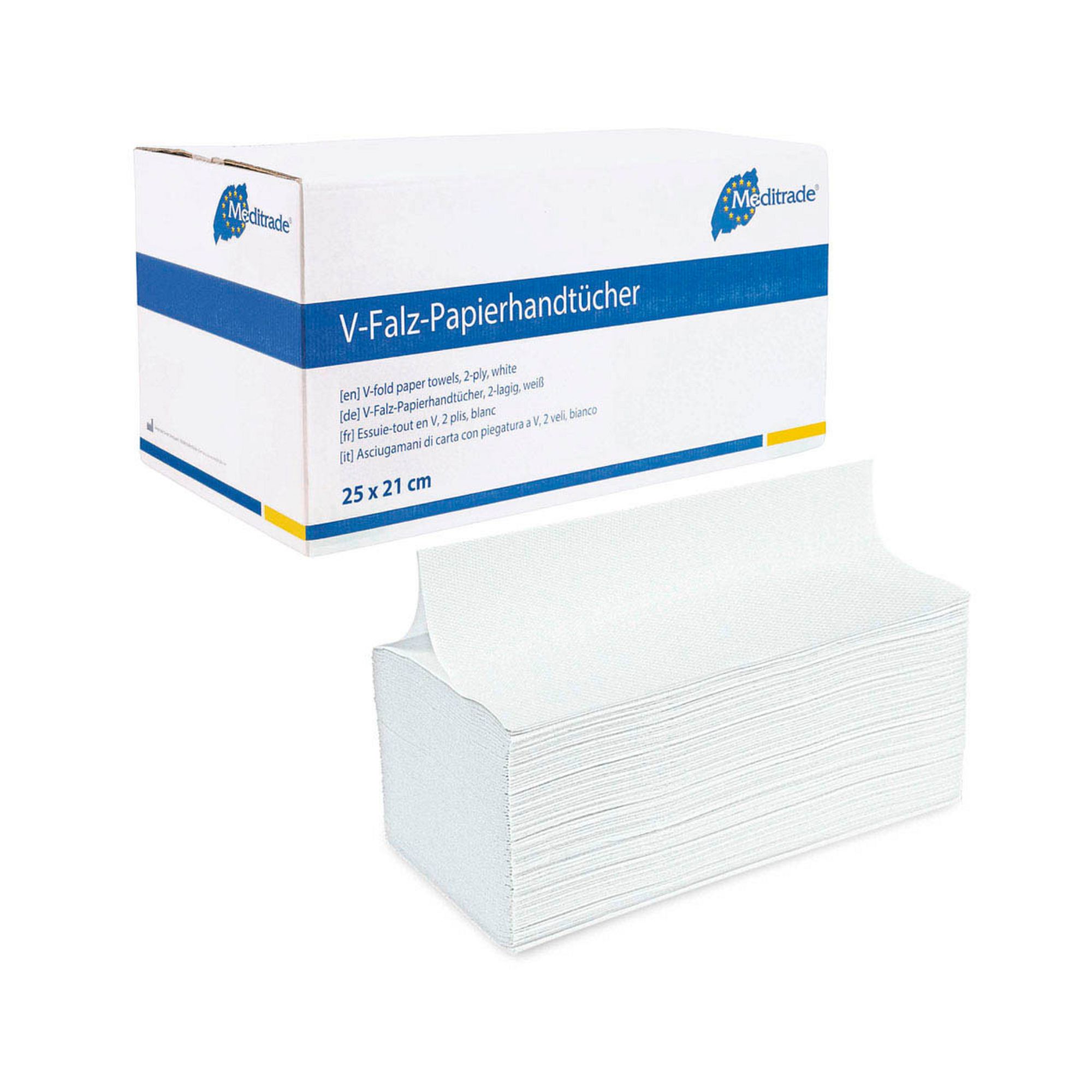 Weiße Papierhandtücher, gefaltet, in einer geöffneten Verpackung und als Stapel daneben. Auf der Verpackung steht "V-Falz-Papierhandtücher" und "25 x 21 cm".