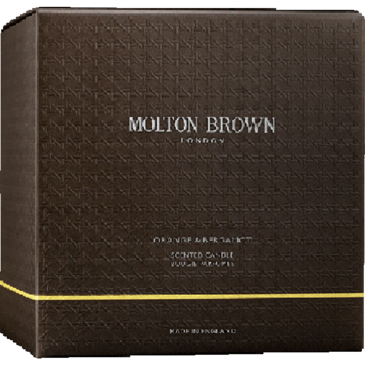 Dunkelbraune Box mit Logo und Produktinformationen. Aufschrift: Molton Brown, Orange & Bergamot. Goldener Streifen am Boden.