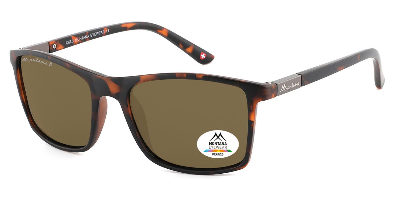 Sonnenbrille mit braunem Gestell und Gläsern. Montana Eyewear Logo auf dem Bügel. Rechteckige Form.