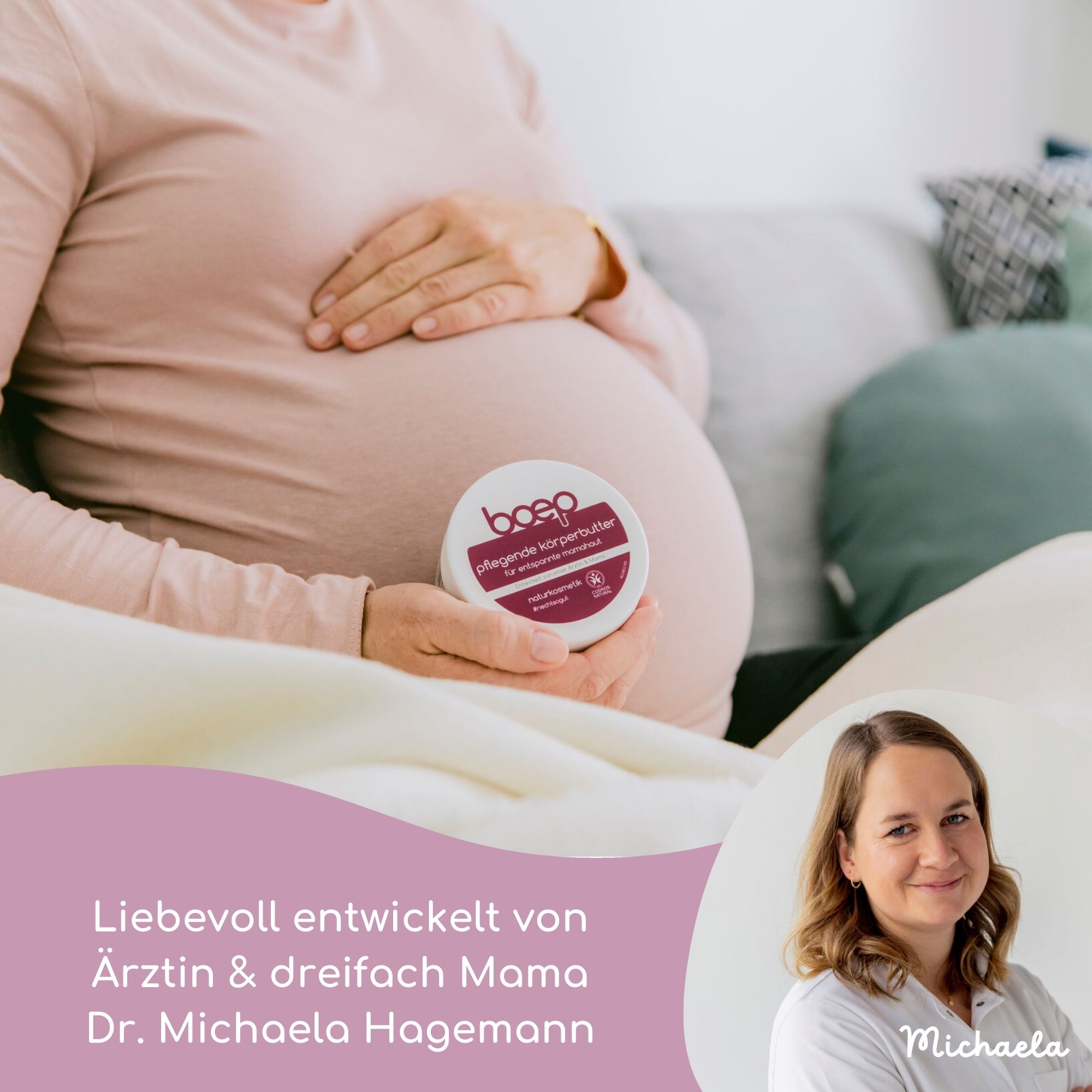 Eine Frau hält eine runde Dose. Auf der Dose steht "boep" und "Pflegende Körperbutter".