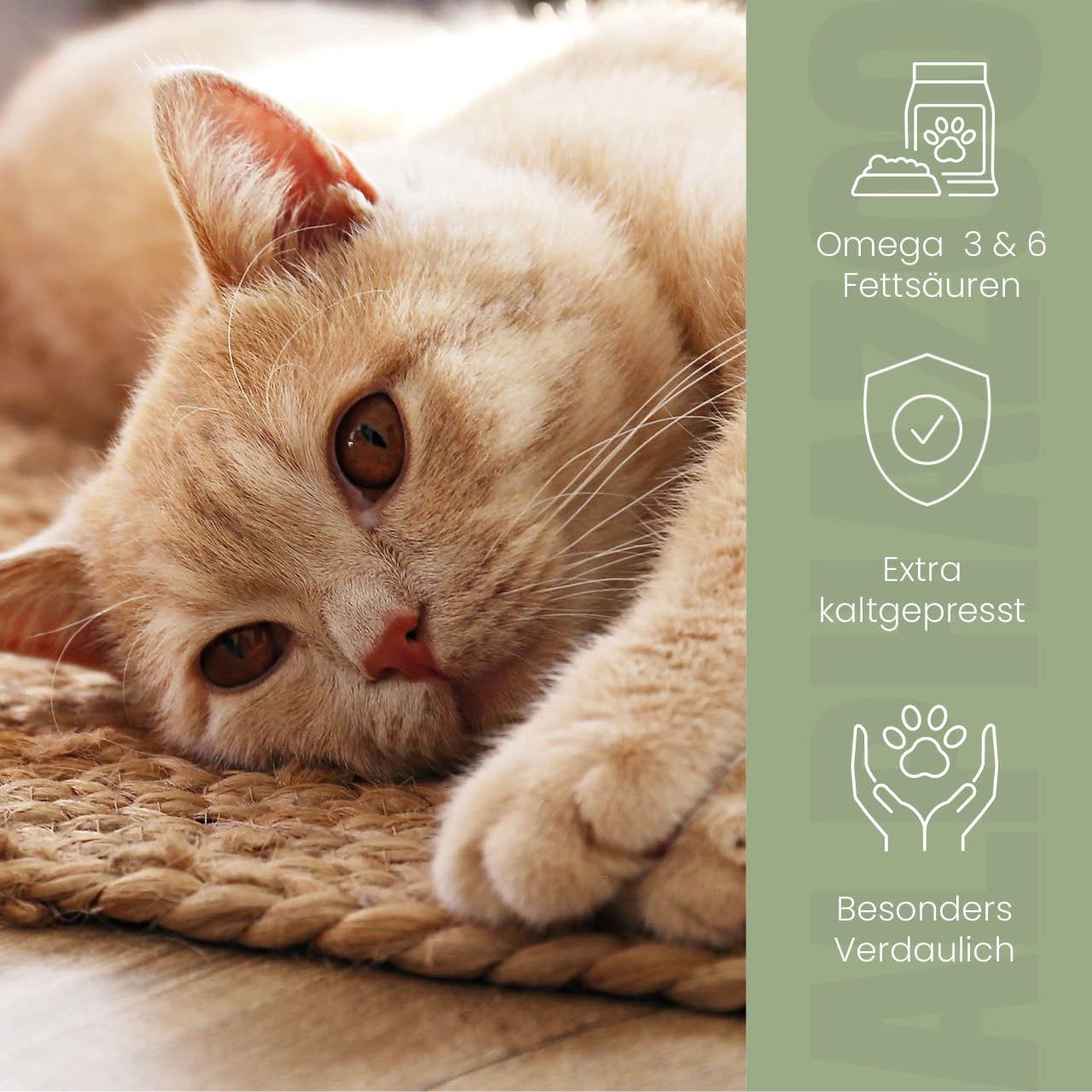 Katze auf Matte. Icons: Omega 3 & 6 Fettsäuren, extra kaltgepresst, besonders verdaulich.