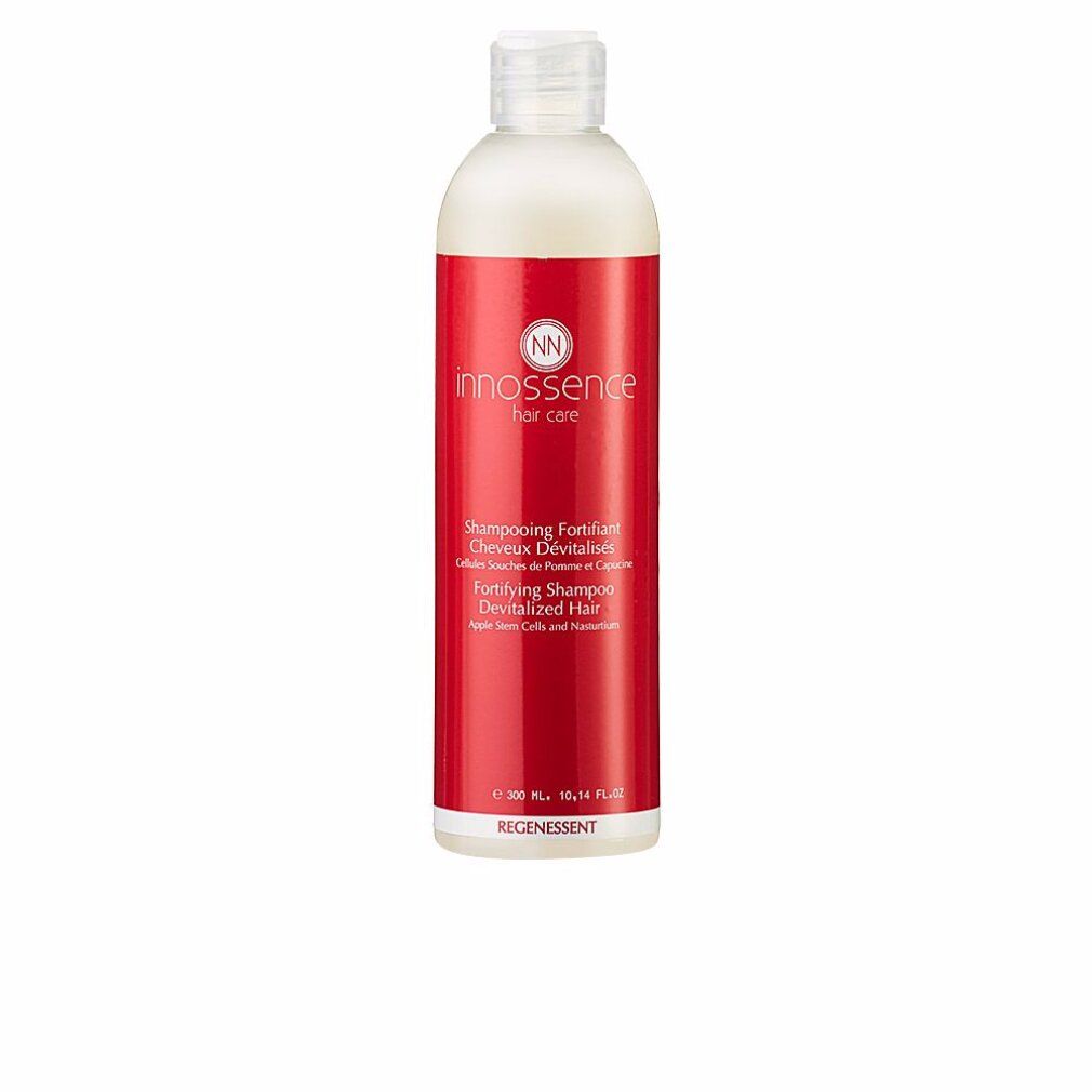 Rote Shampoo-Flasche mit weißem Deckel. Aufschrift: Innossence hair care, Regenessent, Fortifying Shampoo. 300 ml.