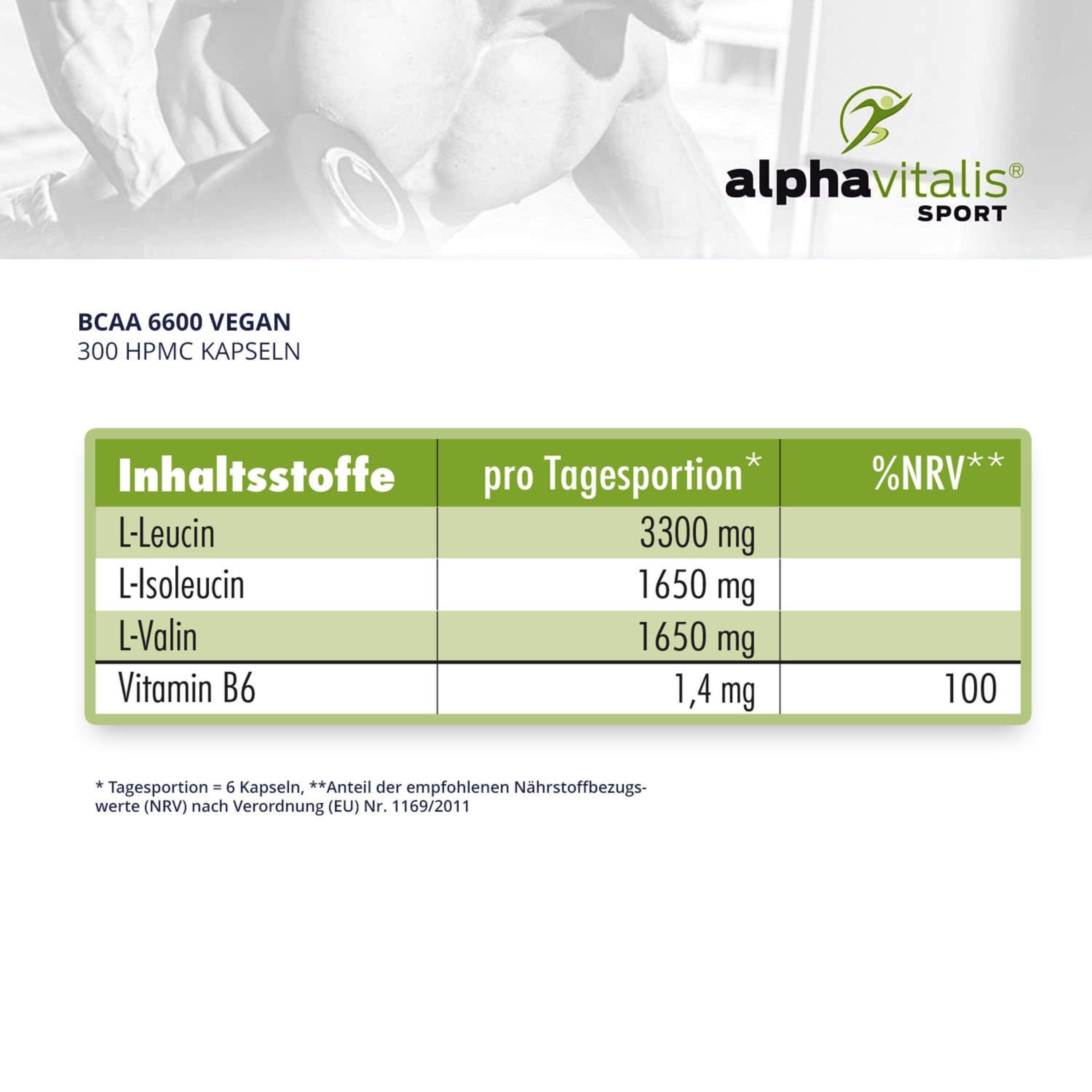 Tabelle mit Inhaltsstoffen. Text: L-Leucin, L-Isoleucin, L-Valin, Vitamin B6. AlphaVitalis Sport Logo.
