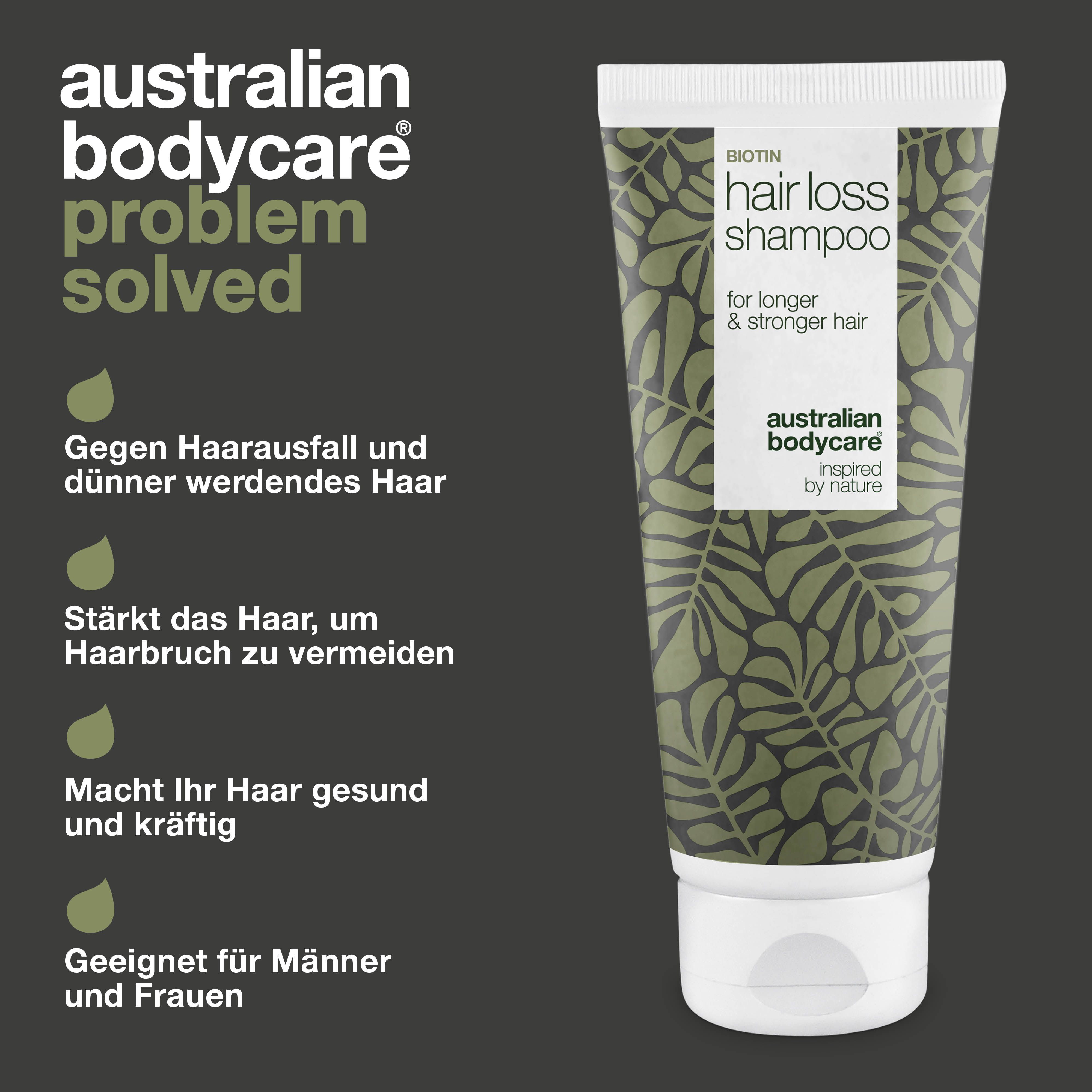 Biotin Hair Loss Shampoo. Tube mit Blattmuster. Text: Gegen Haarausfall, stärkt das Haar, für Männer und Frauen.