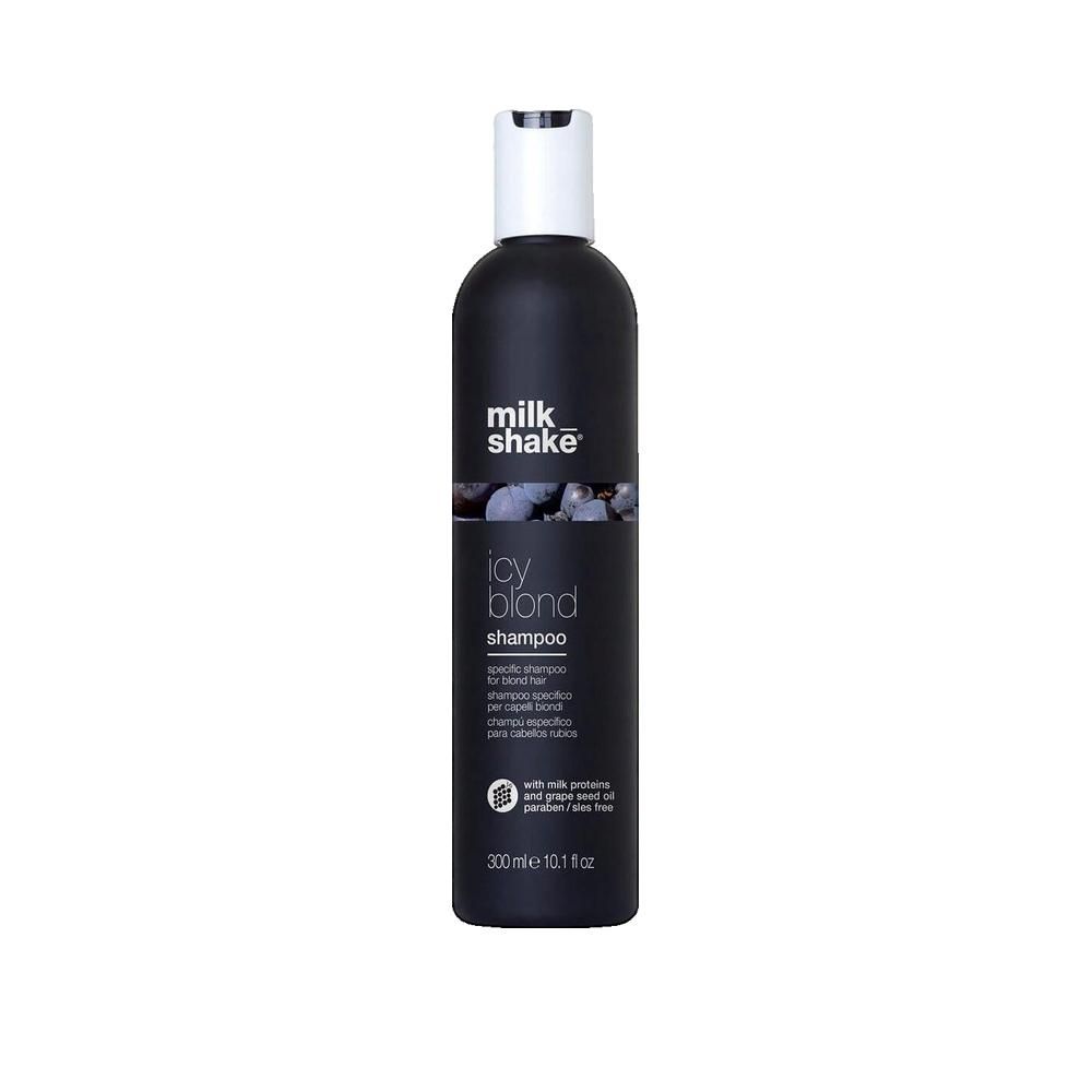 Schwarze Shampoo-Flasche mit weißem Deckel. Aufschrift: "milk shake icy blond shampoo". Enthält Milchproteine, parabenfrei.