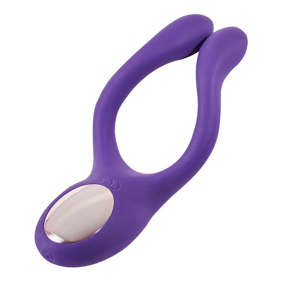Lila Paarvibrator. Zwei gebogene Arme, ovale Spitze mit silberfarbenem Detail. Ohne Fernbedienung.