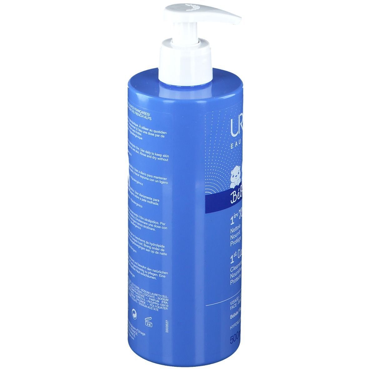 Flacone blu con dosatore bianco. Retro con testo multilingue. Contiene acqua termale delle Alpi francesi.