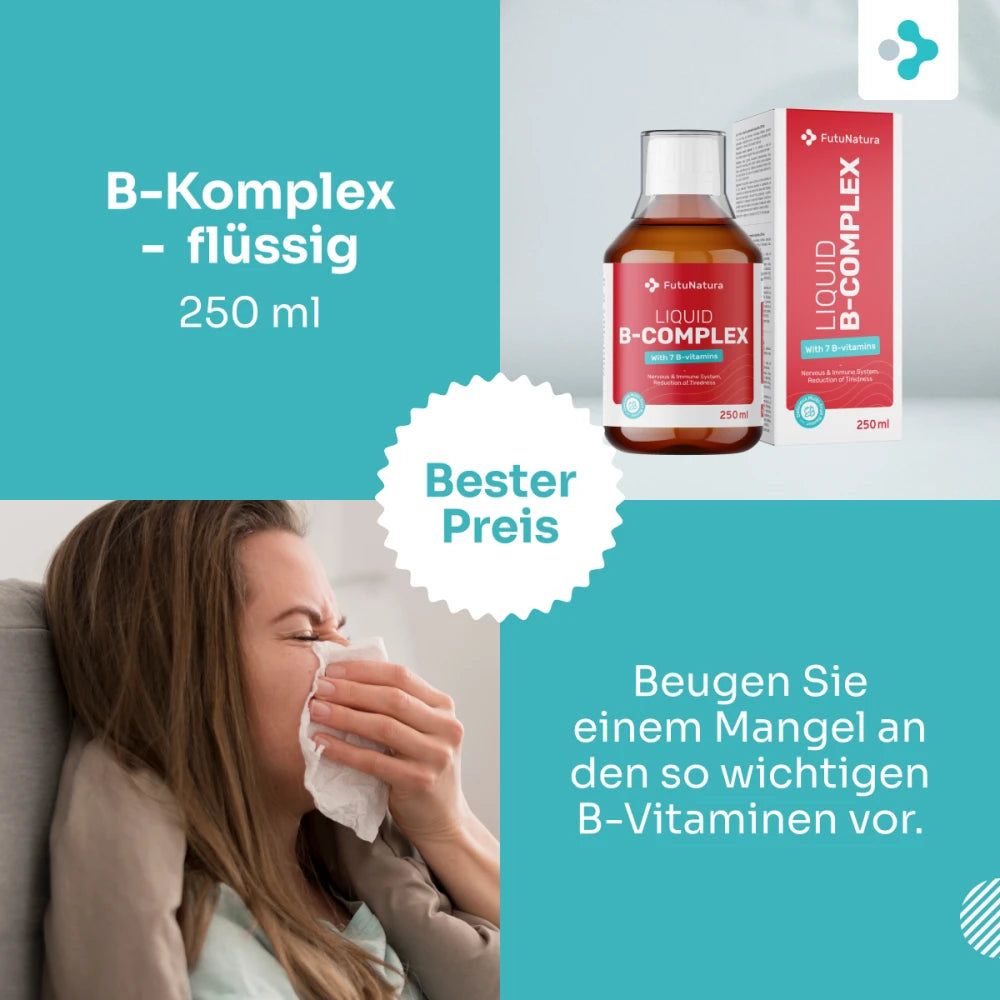 Frau niest in Taschentuch, daneben FutuNatura B-Komplex flüssig.