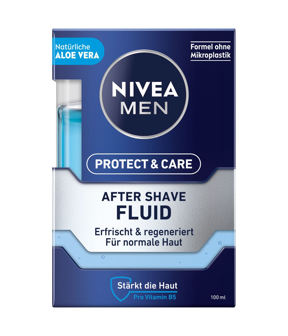 Verpackung von NIVEA MEN After Shave Fluid. Blaue Schachtel mit Produktinformationen und Logo. Enthält eine Flasche.