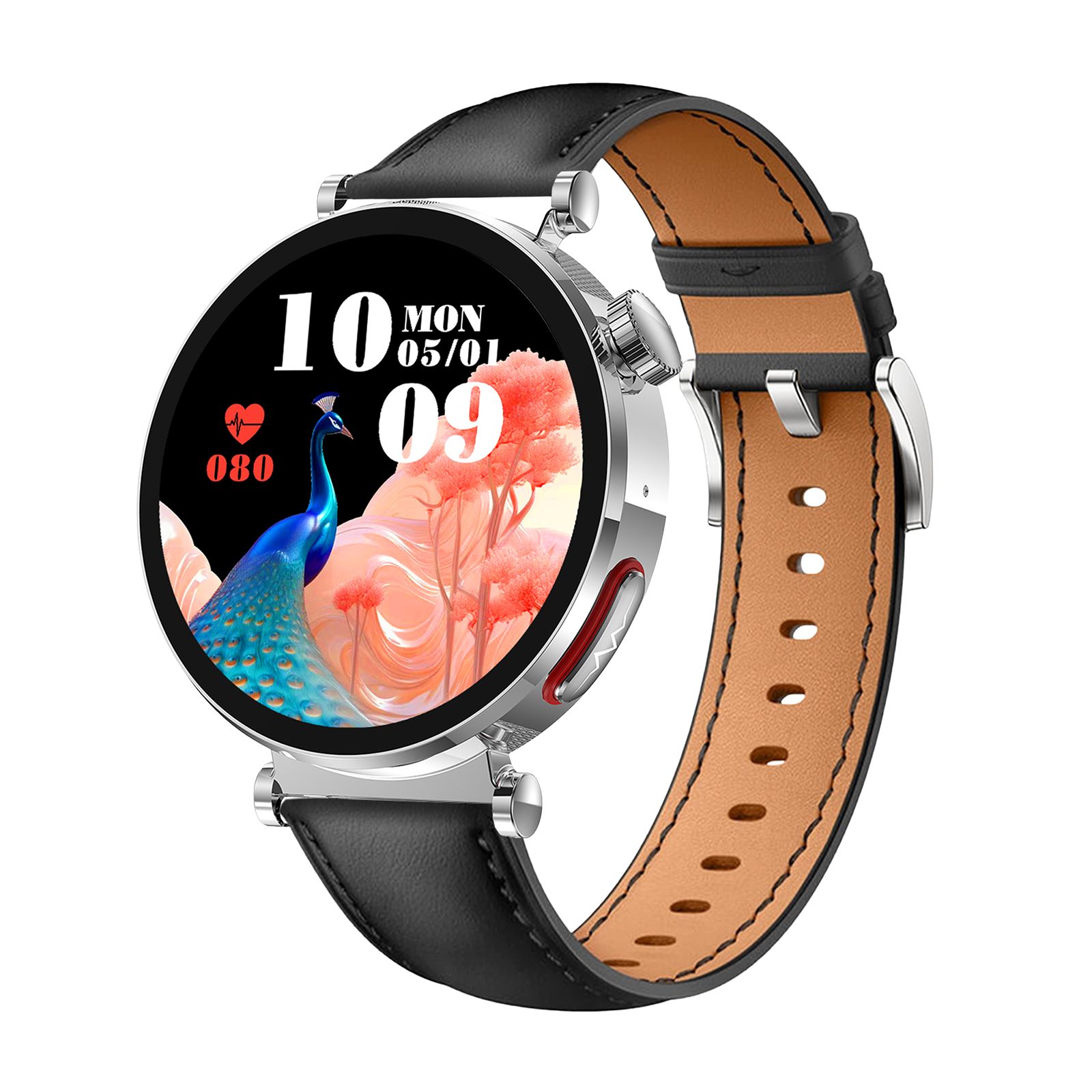 Smartwatch mit rundem Zifferblatt, schwarzem Lederarmband und silbernem Gehäuse. Zifferblatt zeigt Datum, Uhrzeit und Herzfrequenz.