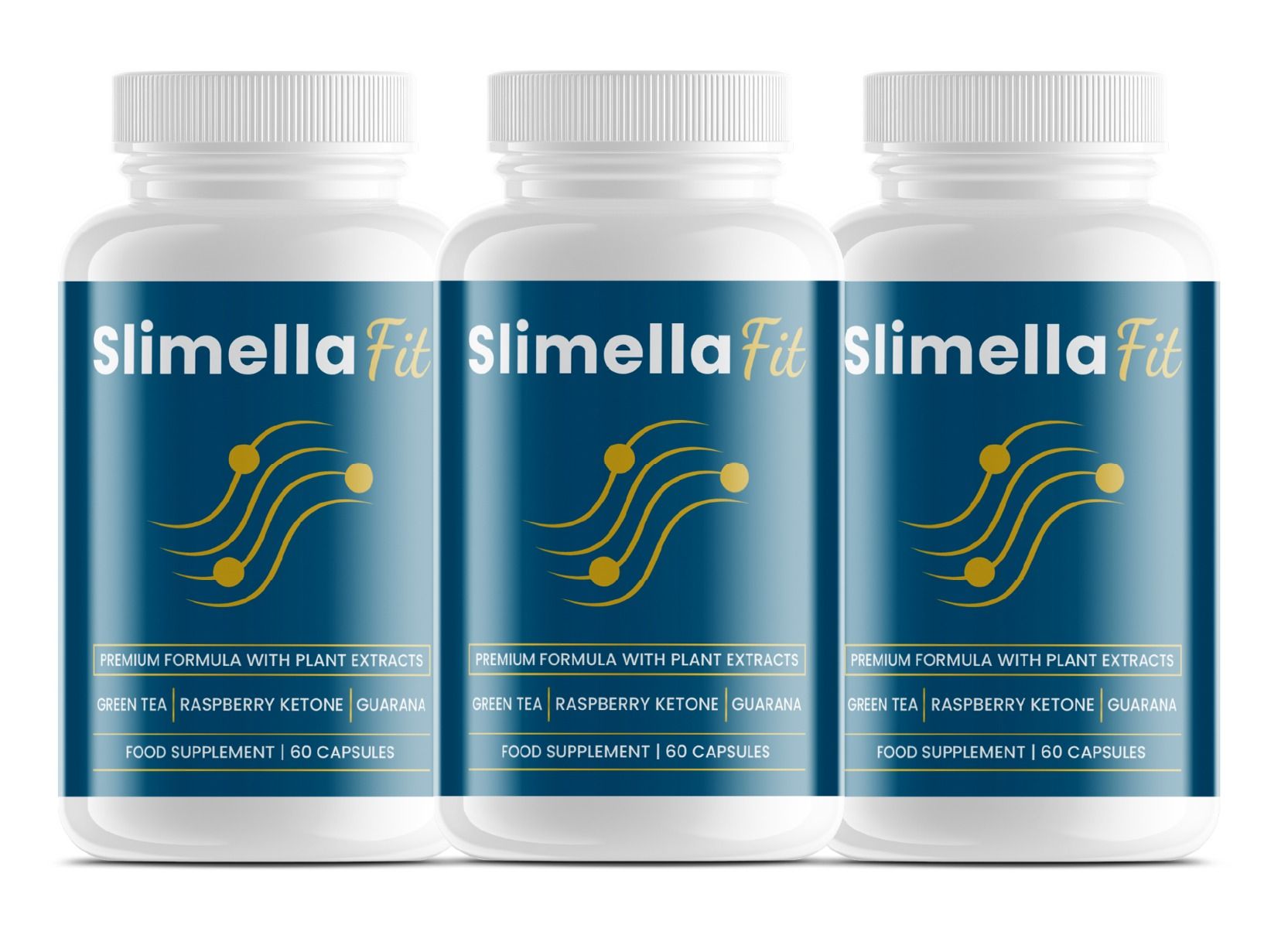 Drei weiße Flaschen mit blauem Etikett. Aufschrift Slimella Fit. Enthält 60 Kapseln. Enthält Grüntee, Himbeerketon und Guarana.