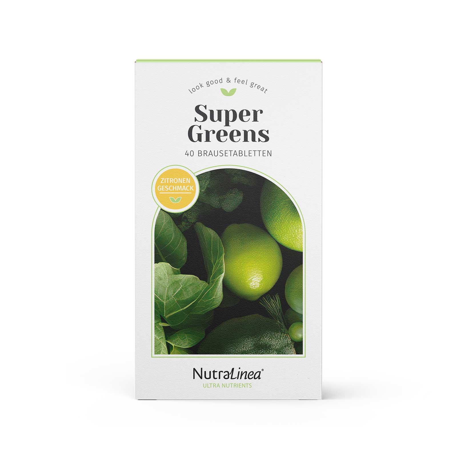 Schachtel mit Super Greens Brausetabletten. Aufdruck: Zitronen-Geschmack, 40 Brausetabletten. Marke: NutraLinea.