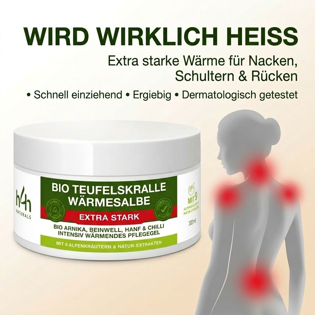 Weißes Tiegel mit grünem Etikett. Text: BIO TEUFELSKRALLE WÄRMESALBE EXTRA STARK. Aufschrift: H4H Naturals. Dermatologisch getestet.