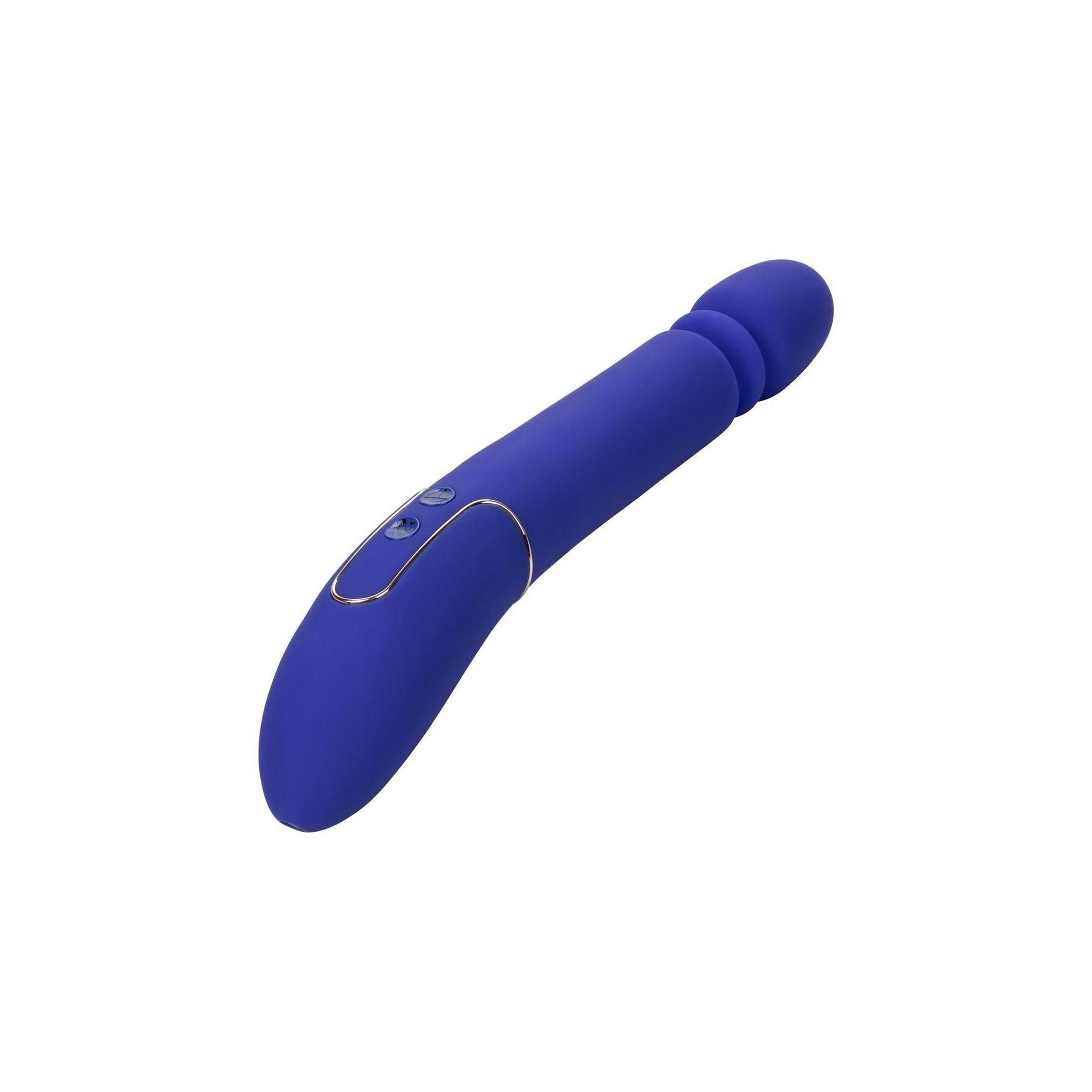 Blauer Vibrator mit abgerundetem Kopf und gebogenem Schaft. Goldfarbene Akzente und Bedienelemente.