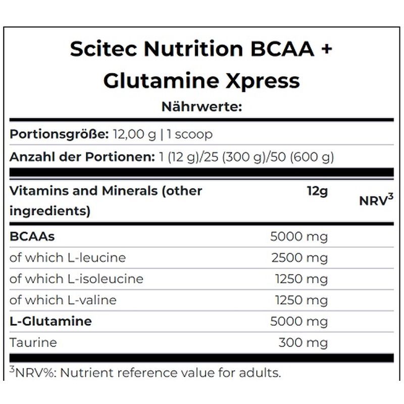 Nährwerttabelle. Scitec Nutrition BCAA + Glutamine Xpress. Angaben zu Portionen, Inhaltsstoffen, BCAA, L-Glutamin und Taurin.
