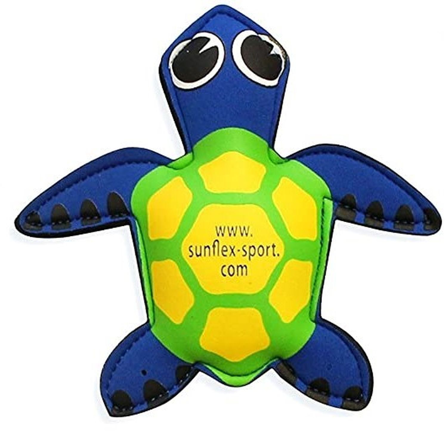 Blaue Schildkröte mit grünem Panzer und Augen. Logo www.sunflex-sport.com. Schwarze Details.