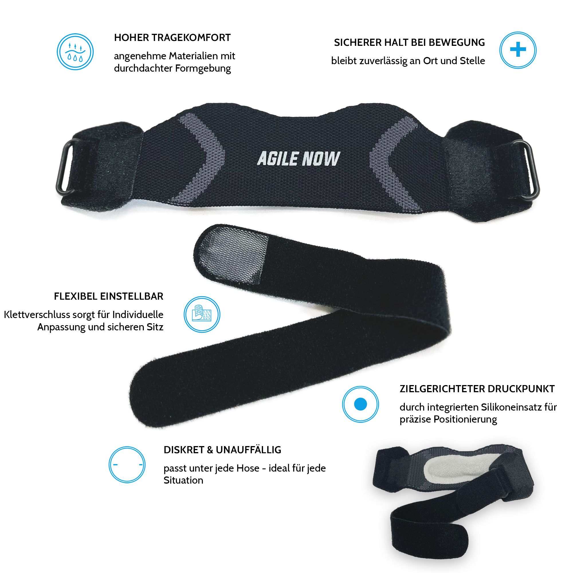 Kniebandage mit "AGILE NOW" Schriftzug. Klettverschluss. Text: "FLEXIBEL EINSTELLBAR", "ZIELGERICHTETER DRUCKPUNKT", "DISKRET & UNAUFFÄLLIG".