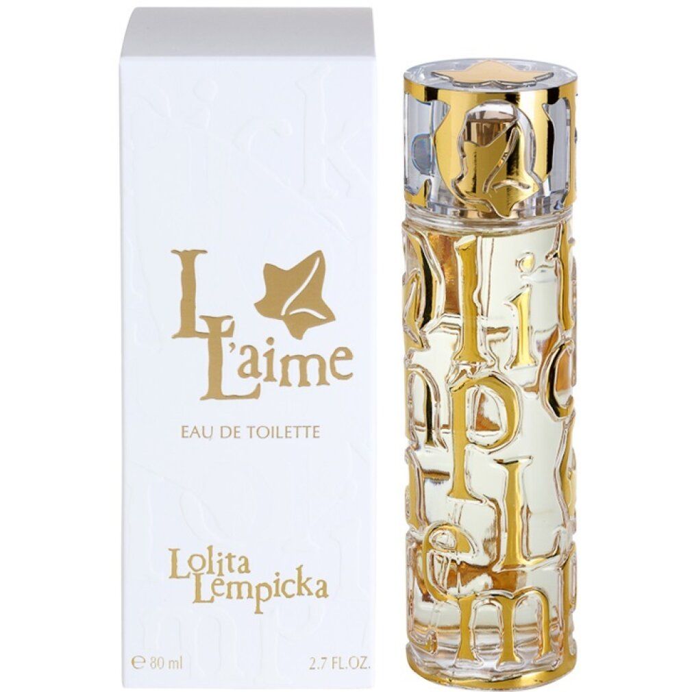 Parfümflakon und Schachtel. Flakon mit goldenen Buchstaben und Deckel. Schachtel mit L'aime Eau de Toilette und Lolita Lempicka.