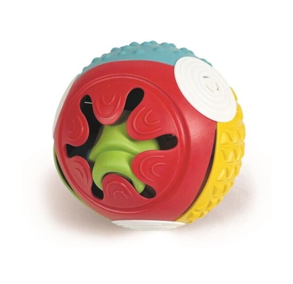 Palla multicolore con diverse texture e forme. Plastica rossa, gialla, blu e verde. Diverse trame superficiali.