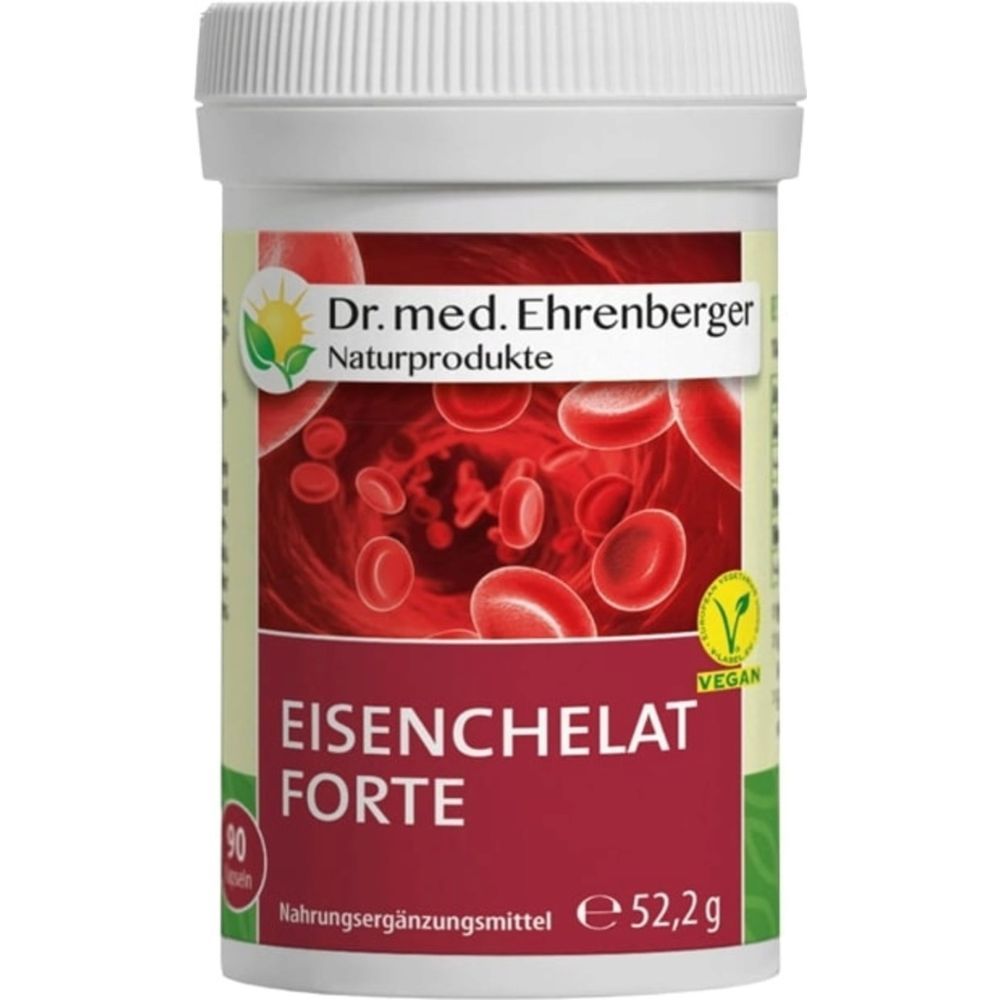 Weißes Kunststoff-Behälter mit Deckel. Aufschrift: Eisenchelat Forte, 90 Kapseln, Vegan-Siegel. Hersteller: Dr. med. Ehrenberger Naturprodukte.