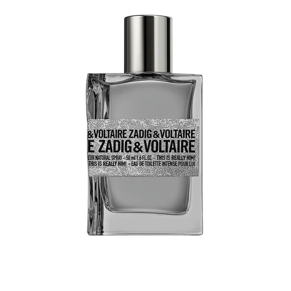 Zadig & Voltaire-Flakon. Rechteckige Form, silberfarbener Verschluss. Etikett mit Produktnamen und Text. Klarer Glasflakon.