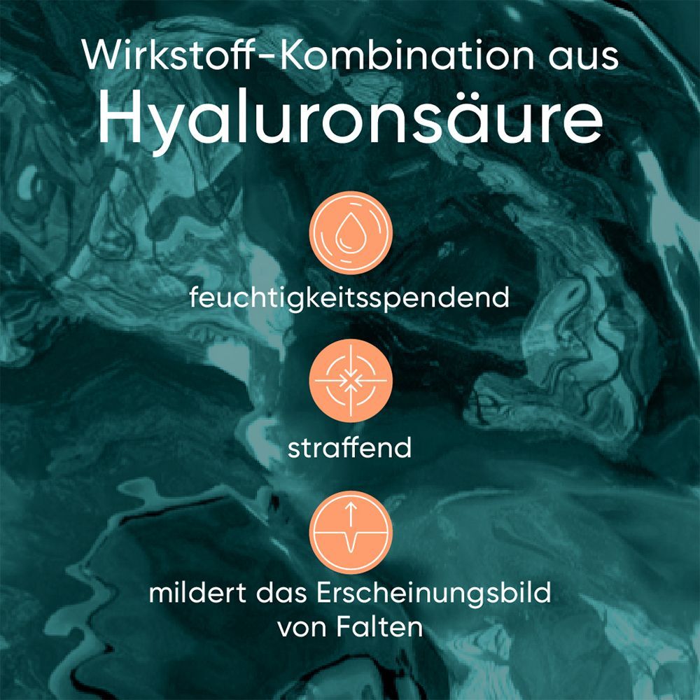 Grafik mit Text. Text: Wirkstoff-Kombination aus Hyaluronsäure, feuchtigkeitsspendend, straffend, mildert Falten.
