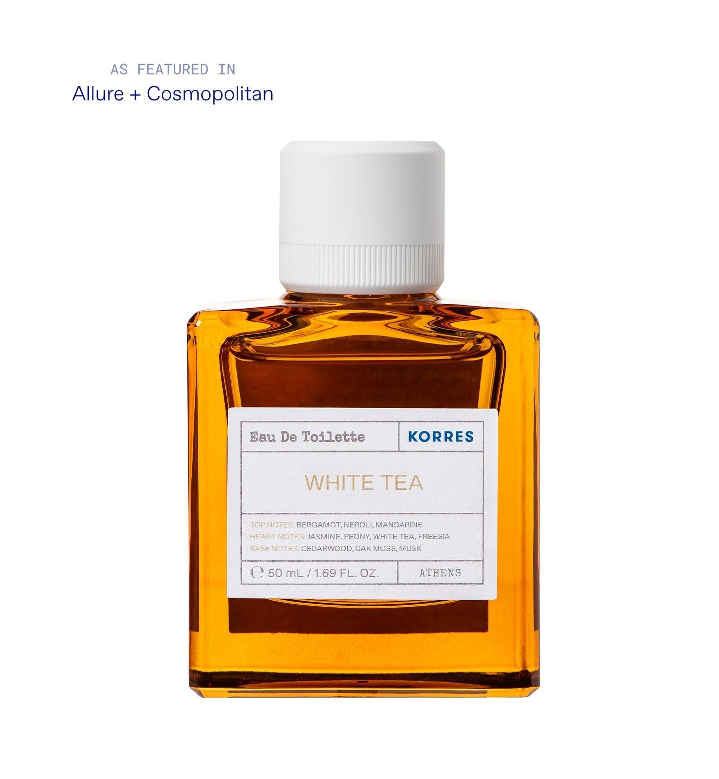 KORRES White Tea Eau de Toilette. Eckige Glasflasche mit weißem Deckel. Erwähnung in Allure + Cosmopolitan.