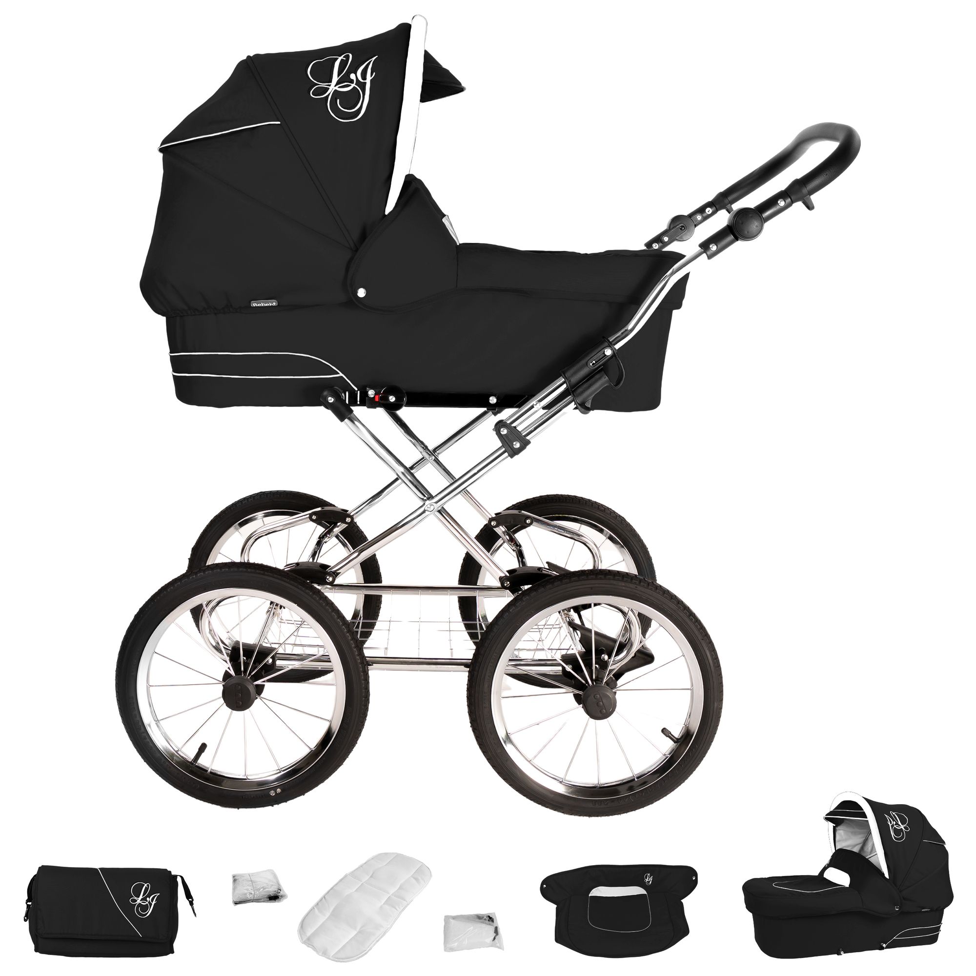 Schwarzer Kinderwagen mit silbernem Gestell. Logo auf der Haube. Zubehör: Tasche, Matratze, Abdeckung.