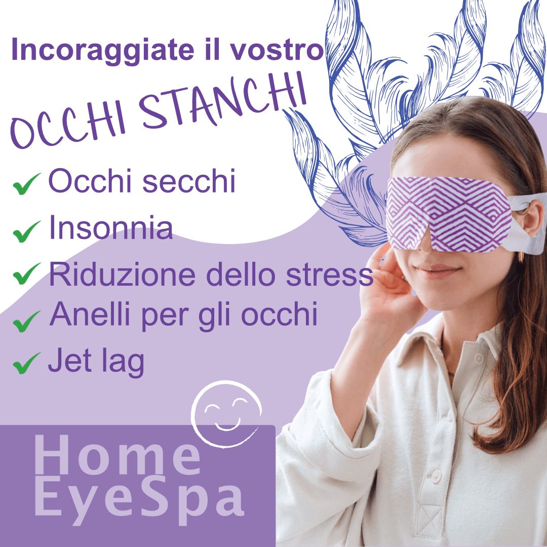Donna con maschera per occhi. Testo: Occhi secchi, insonnia, riduzione dello stress, occhiaie, jet lag. Home EyeSpa.