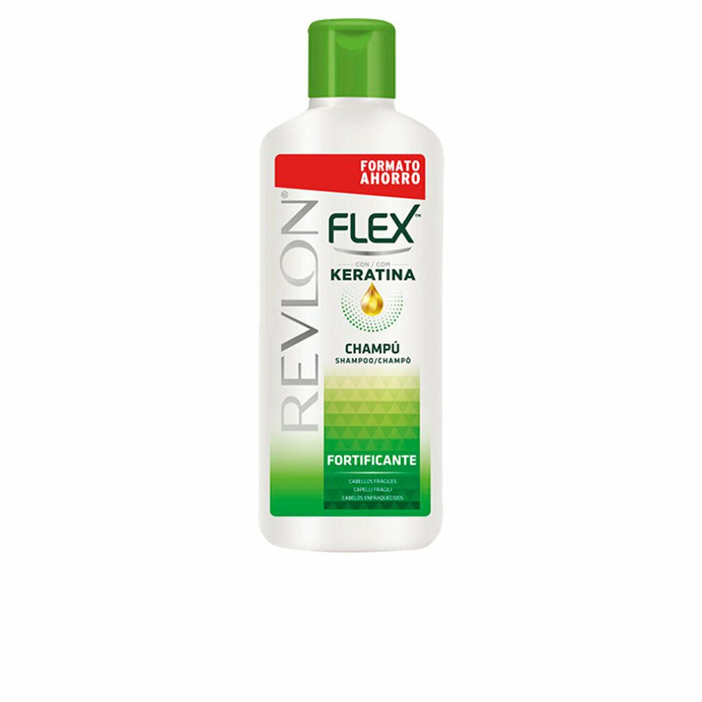 Weiße Flasche mit grünem Deckel. Aufschrift: Revlon Flex Keratin Champú. Stärkendes Shampoo. Formato Ahorro.