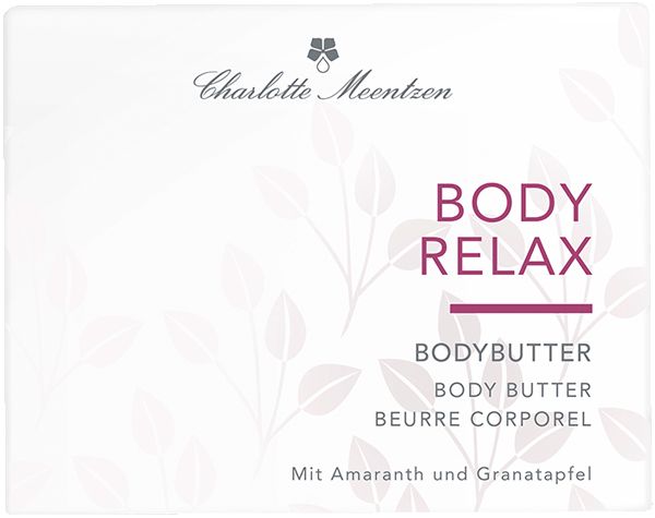 Verpackung von Charlotte Meentzen Body Relax Bodybutter. Text: Body Relax, Bodybutter, Beurre Corporel. Mit Amaranth und Granatapfel.