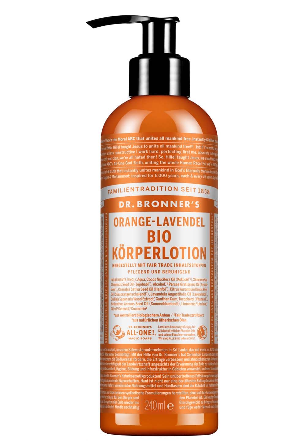 Orangefarbene Flasche mit schwarzem Pumpverschluss. Beschriftung: Bio Körperlotion Orange-Lavendel. Text auf der Flasche.
