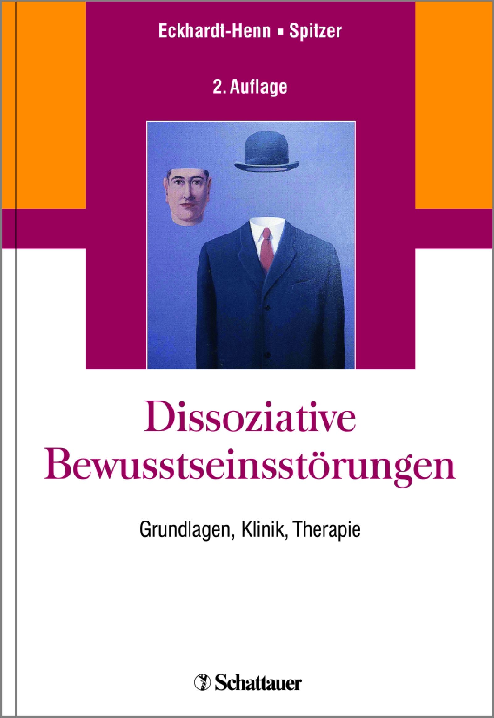 Buchcover: "Dissoziative Bewusstseinsstörungen". Titel, Autoren, 2. Auflage. Verlag Schattauer. Illustration: Mann im Anzug, Hut.